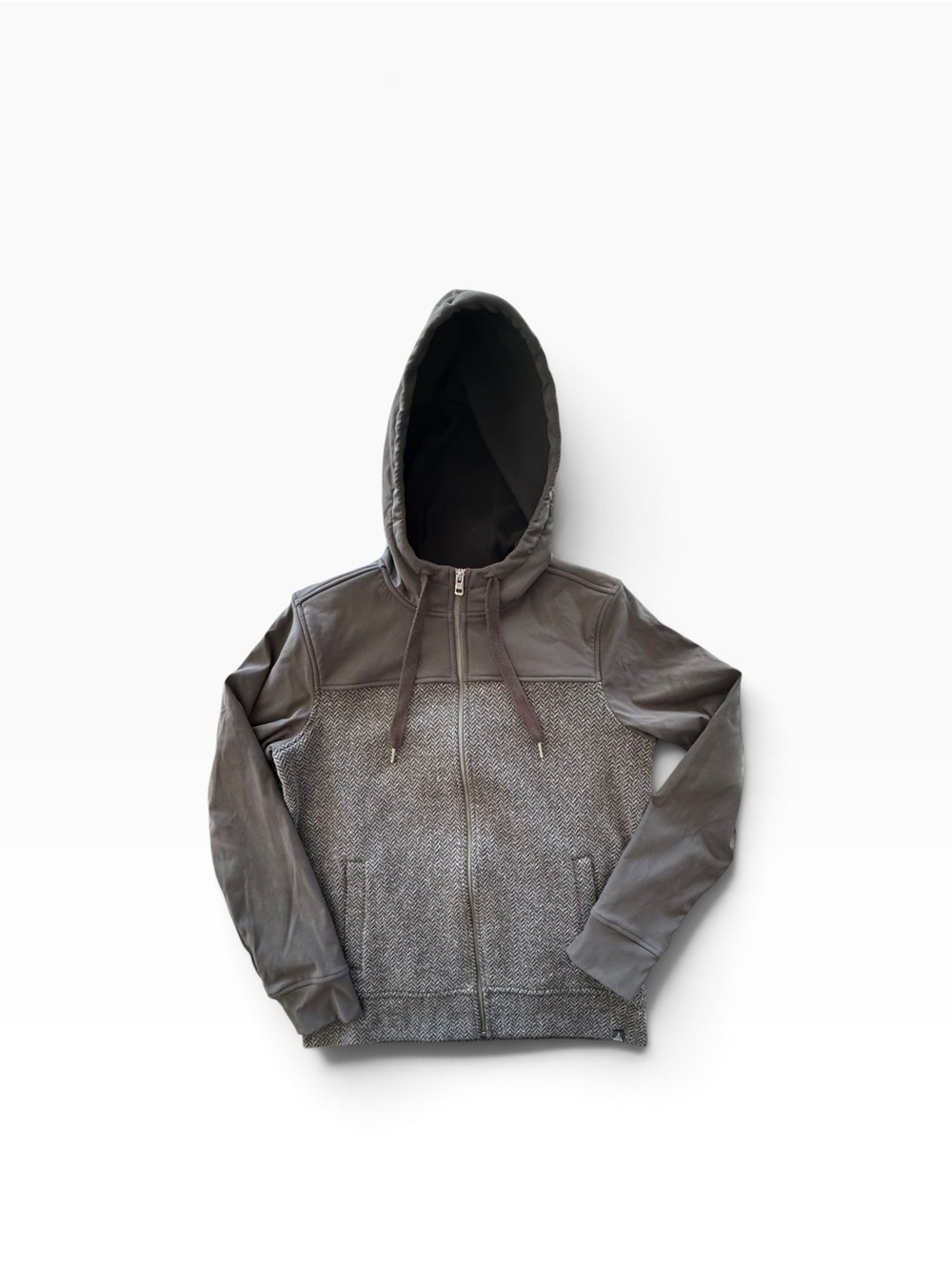 Prana Men’s Medium Gray Herringbone Full Zip Hooded Jacket Fleece Lined